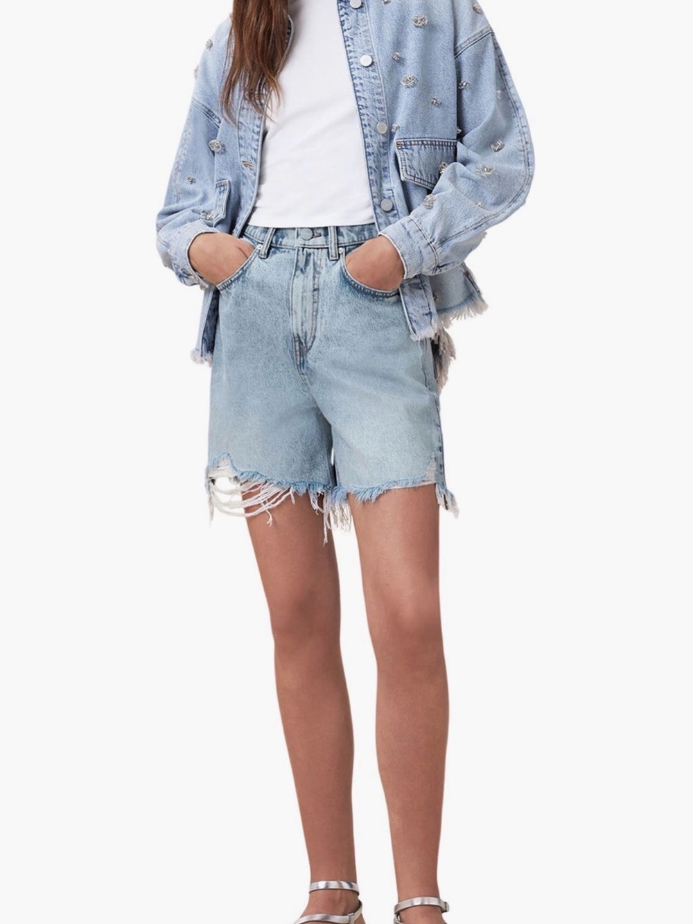 Light Wash Distressed High-Rise Denim Shorts - Picture 2 of 2